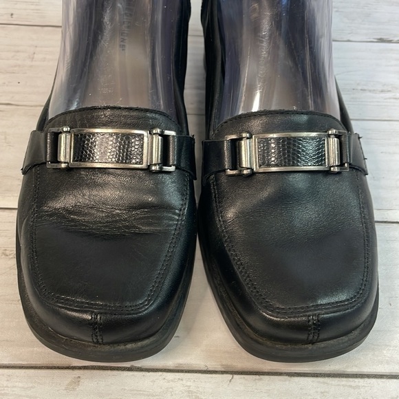 Vintage Predictions Black Leather Pewter Embellished Block Heel Loafer - Picture 8 of 14